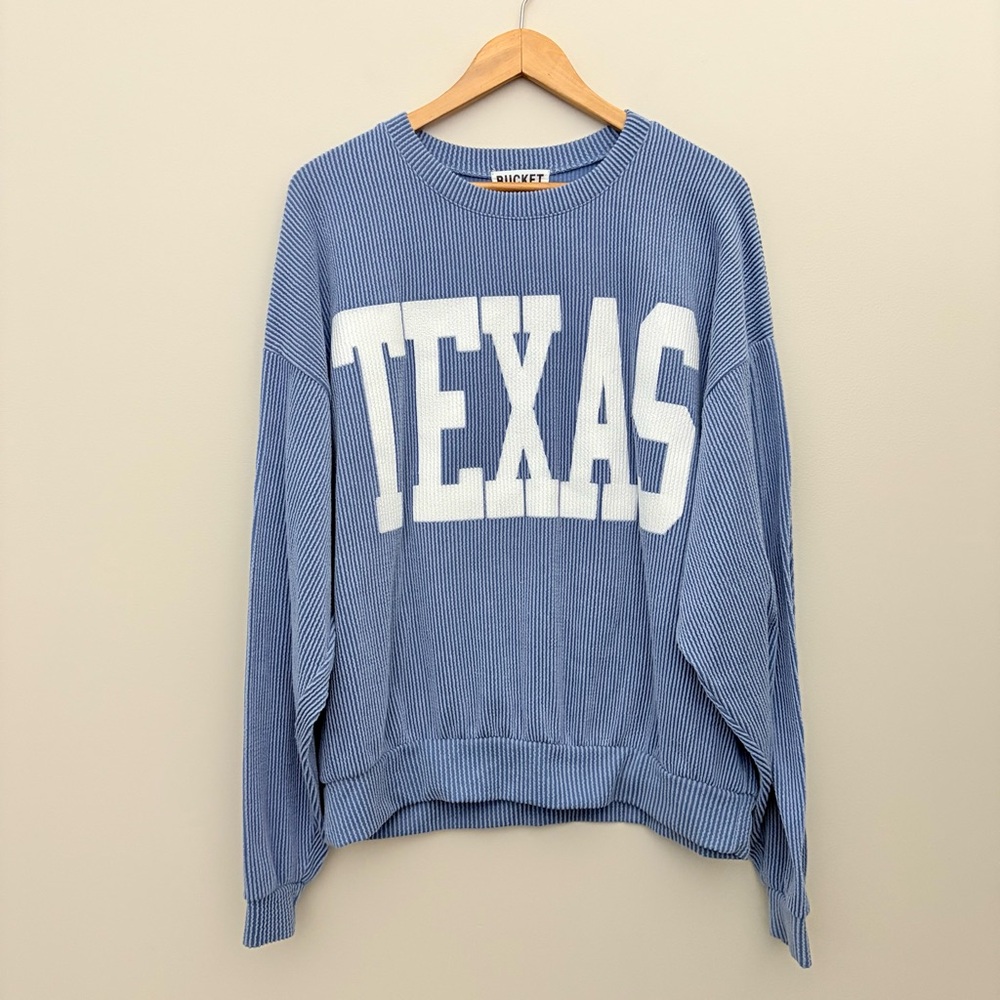 Bucketlist Texas Sweatshirt Rib Cord Comfy Graphic denim‎ blue Size L - Picture 9 of 10